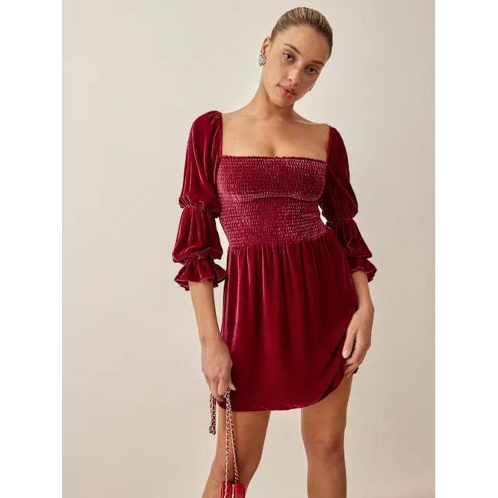 Reformation Albi Velvet Dress Women S Red Smocked Puff Sleeve Mini Romantic